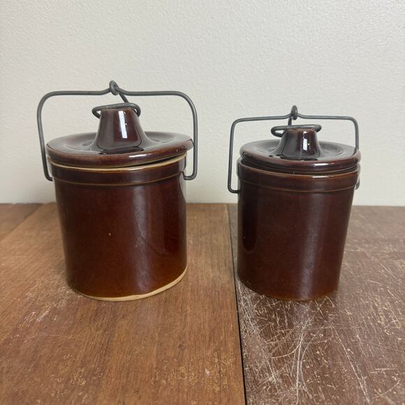 Pair (2) Brown Glazed Stoneware Crock Canisters with Bale hinge Lock lid - Picture 1 of 8
